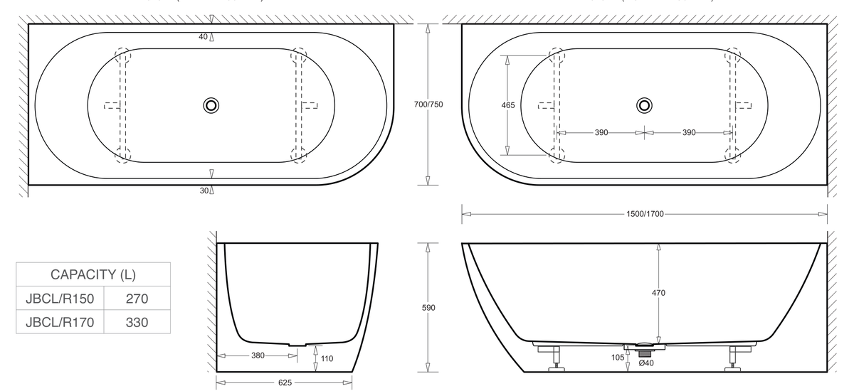 Venezia 1500 Left Corner Bath Gloss White dimensions line drawing