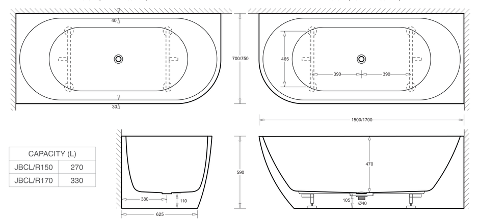 Venezia 1700 Left Corner Bath Gloss White dimensions line drawing