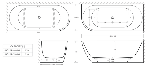 Venezia 1700 Right Corner Bath Matte White dimensions line drawing