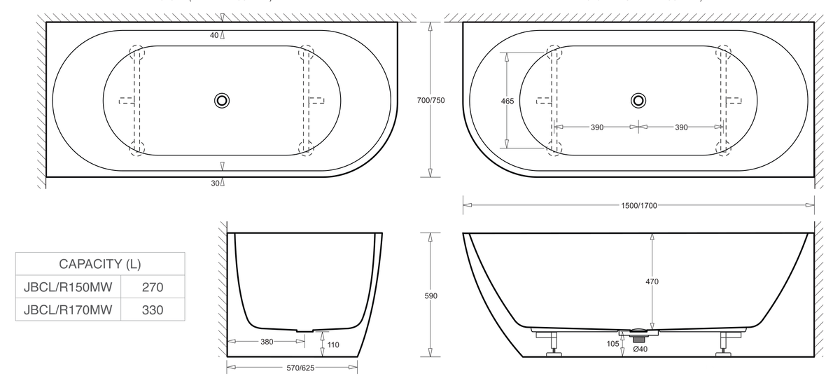 Venezia 1700 Left Corner Bath Matte White dimensions line drawing