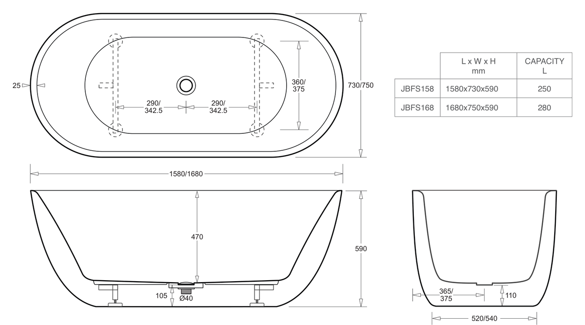 Venezia 1680 Freestanding Bath Gloss White dimensions line drawing