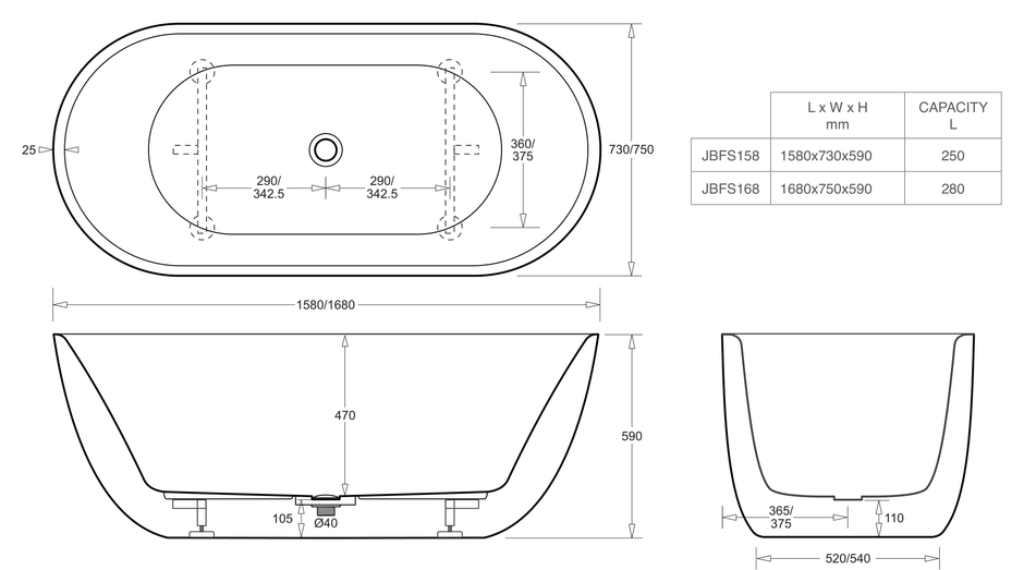 Venezia 1580 Freestanding Bath Gloss White dimensions line drawing