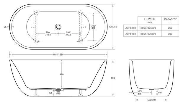 Venezia 1580 Freestanding Bath Gloss White dimensions line drawing