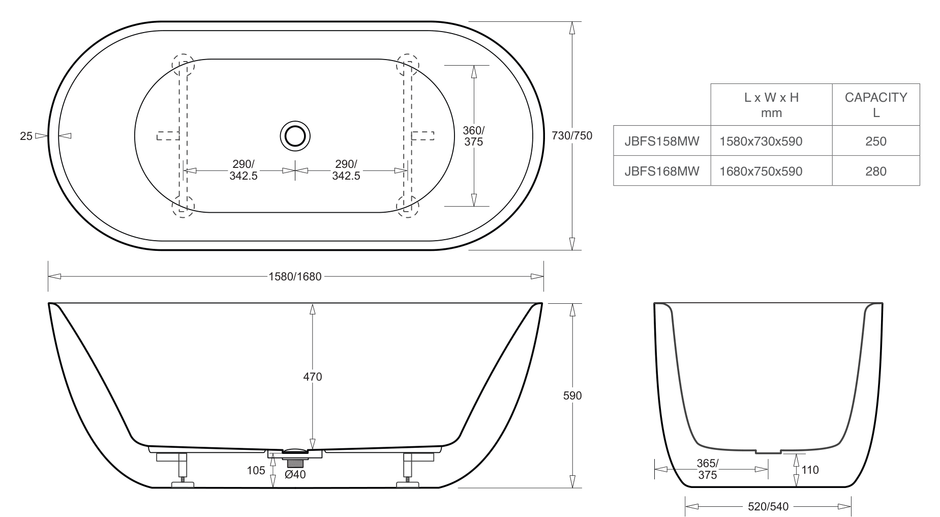 Venezia 1680 Freestanding Bath Matte White dimensions line drawing