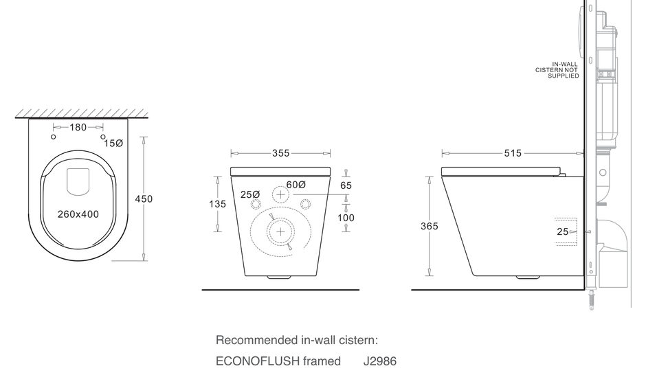 Venezia Wall Hung Rimless Toilet Pan With Seat dimensions line drawing