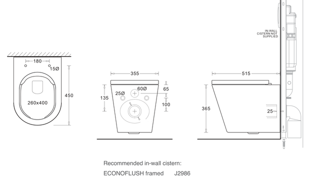 Venezia Wall Hung Rimless Toilet Pan With Seat dimensions line drawing