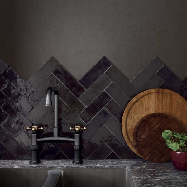 La Riviera Tourmaline Gloss Ceramic Subway Tiles in a room setting