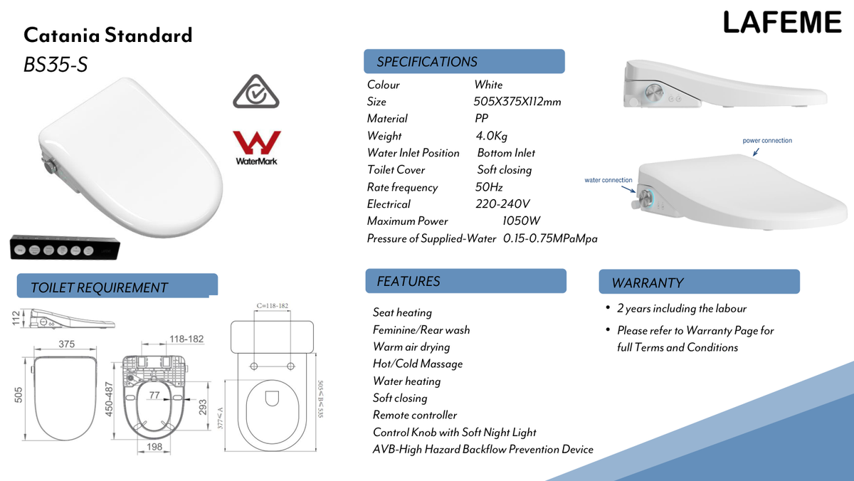 Lafeme Catania Standard Smart Bidet Seat specification sheet