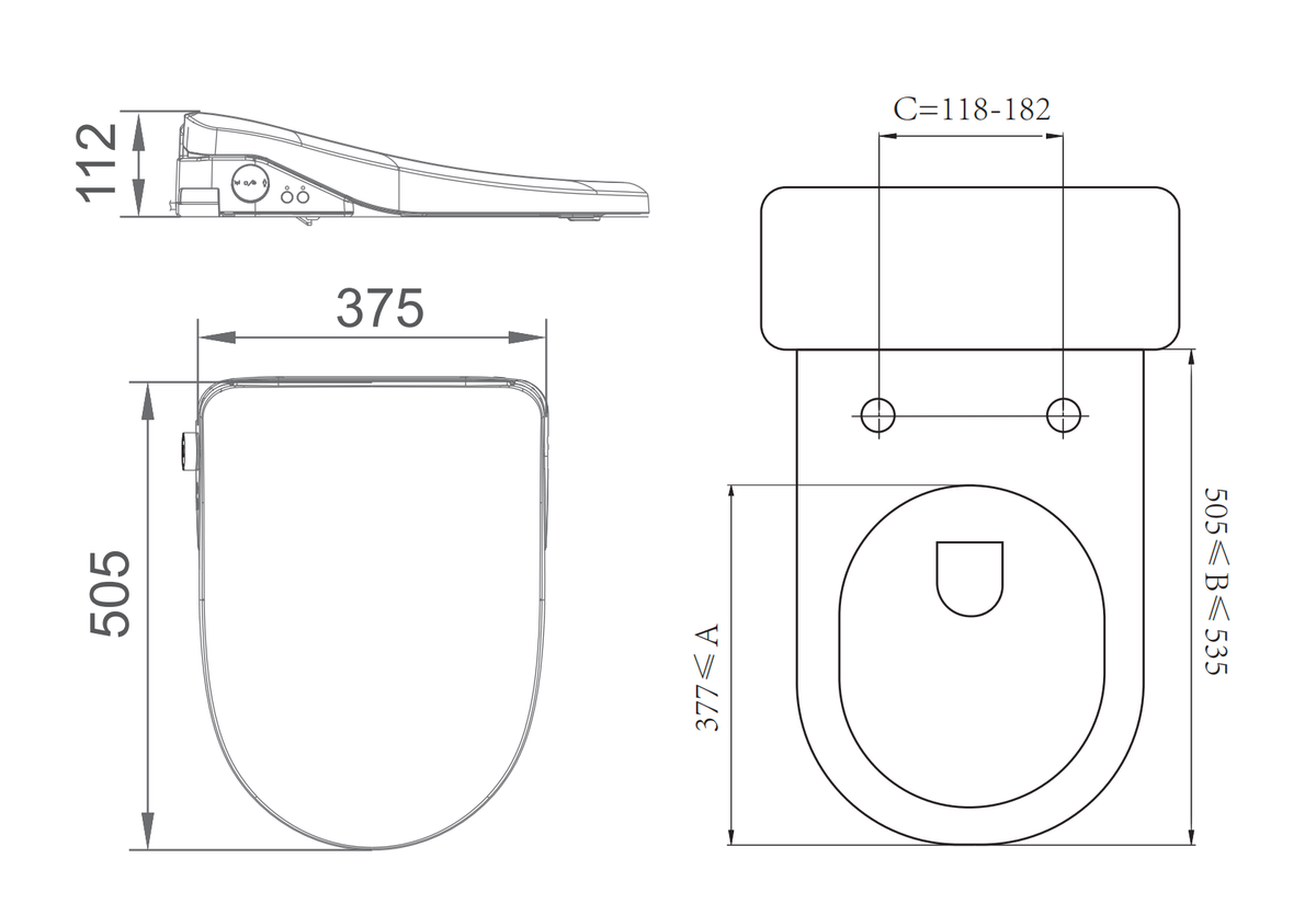 Lafeme Catania Standard bidet seat dimension drawing, 505 x 375 x 112 mm