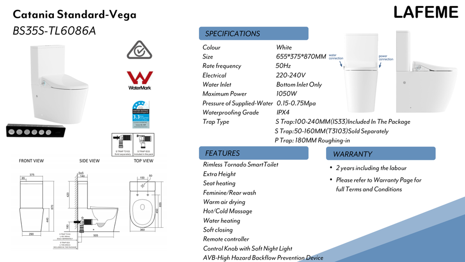 Lafeme Catania Standard Vega Extra Height Rimless Smart Toilet Suite specification sheet