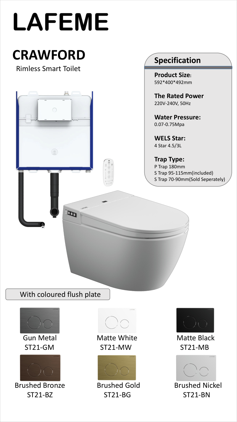 Lafeme Crawford Rimless Inwall Cistern Floor Pan Smart Toilet specification sheet