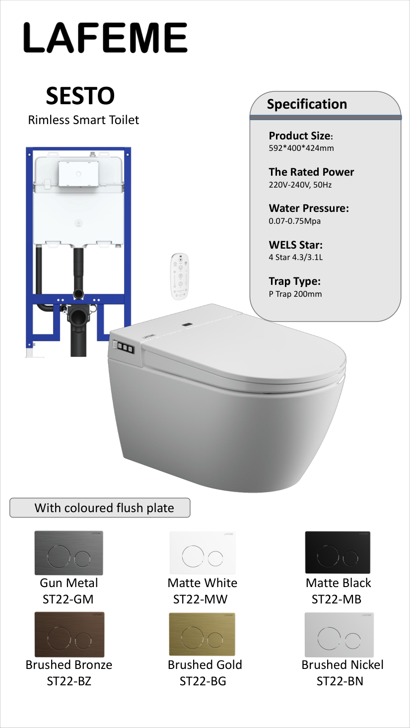 Lafeme Sesto Rimless Inwall Cistern Wall Hung Smart Toilet specification sheet