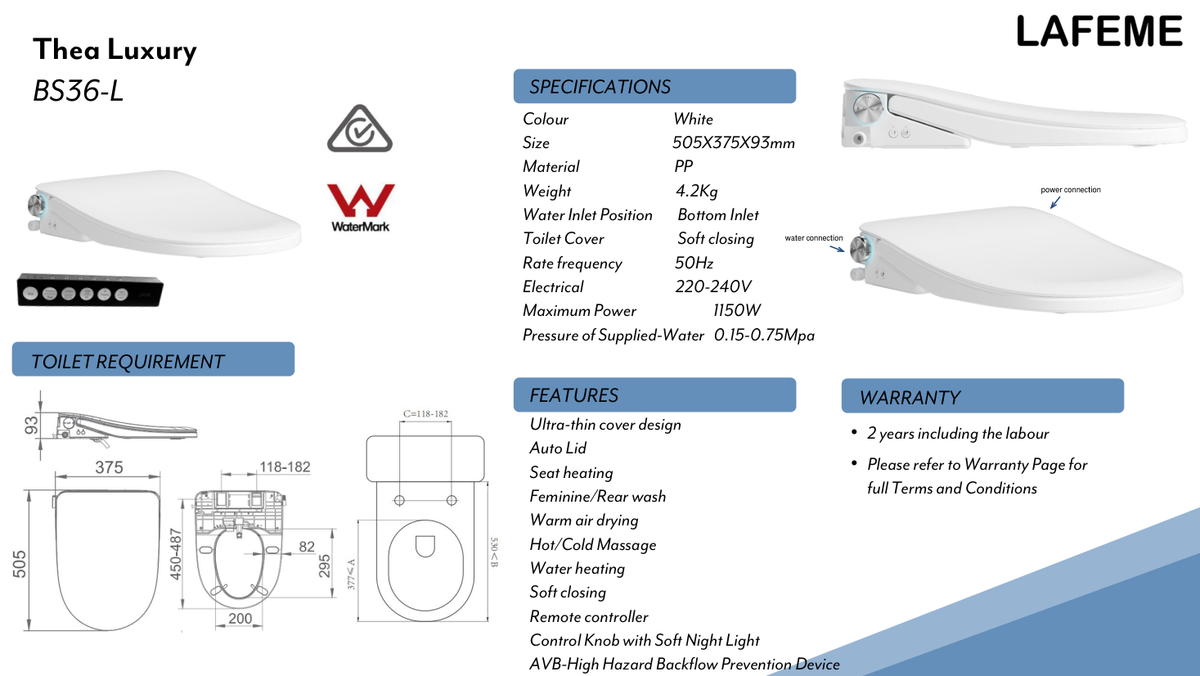 Lafeme Thea Luxury Smart Bidet Seat with Auto Open and Close Lid specification sheet