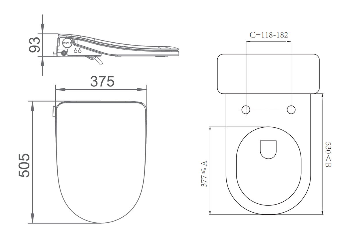 Lafeme Thea Luxury bidet seat dimension drawing, 505 x 375 x 93 mm