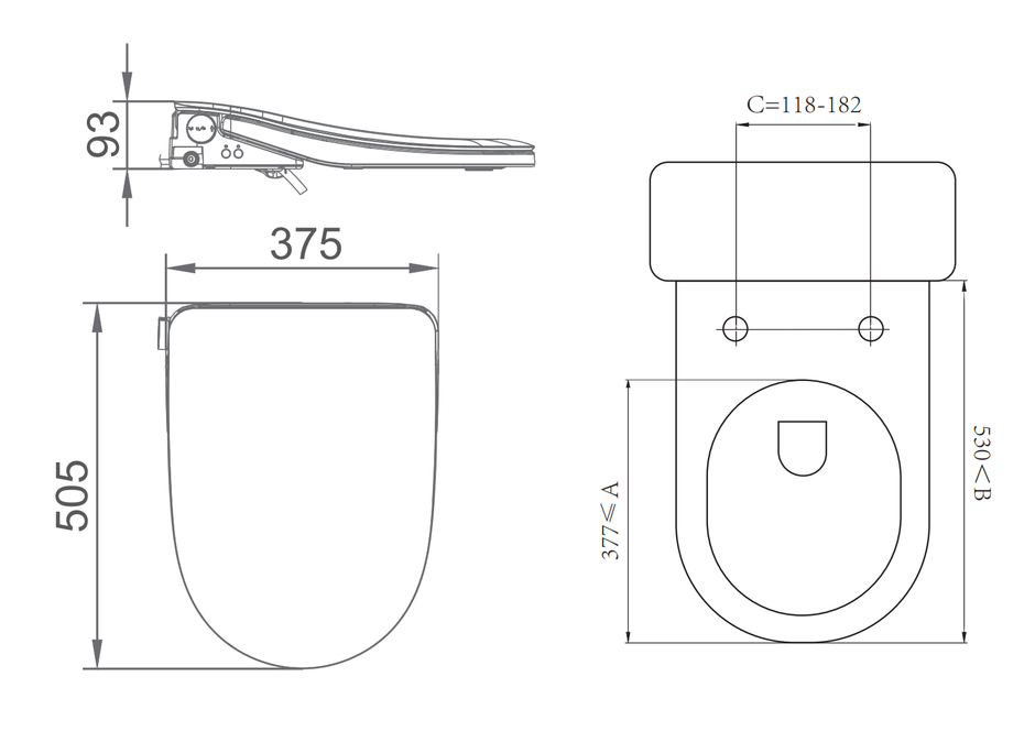 Lafeme Thea Luxury bidet seat dimension drawing, 505 x 375 x 93 mm