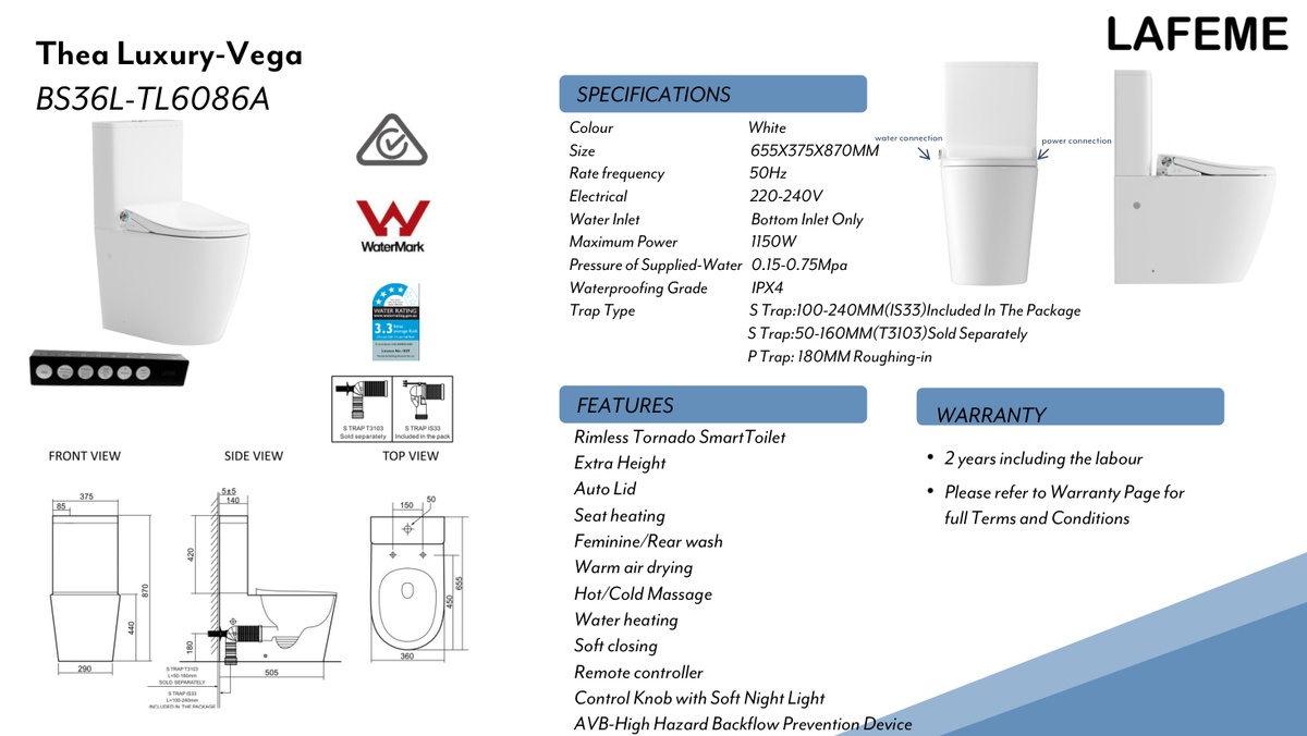Lafeme Thea Luxury Vega Extra Height Rimless Smart Toilet Suite specification sheet