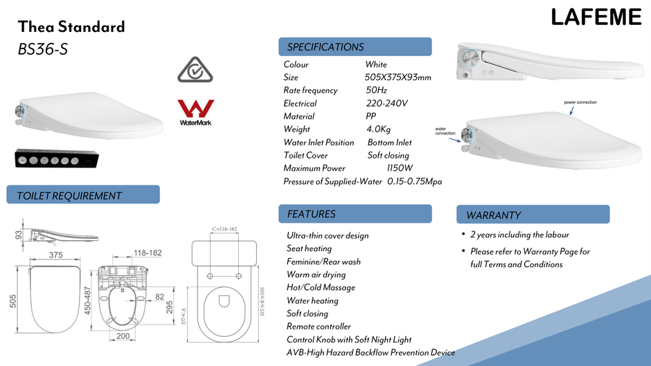 Lafeme Thea Standard Smart Bidet Seat specification sheet