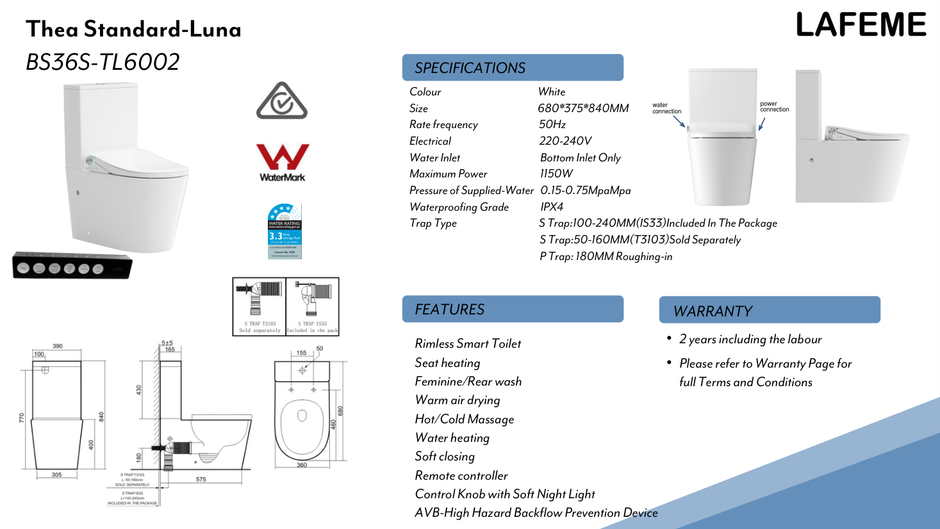 Lafeme Thea Standard Luna Rimless Smart Toilet Suite specification sheet