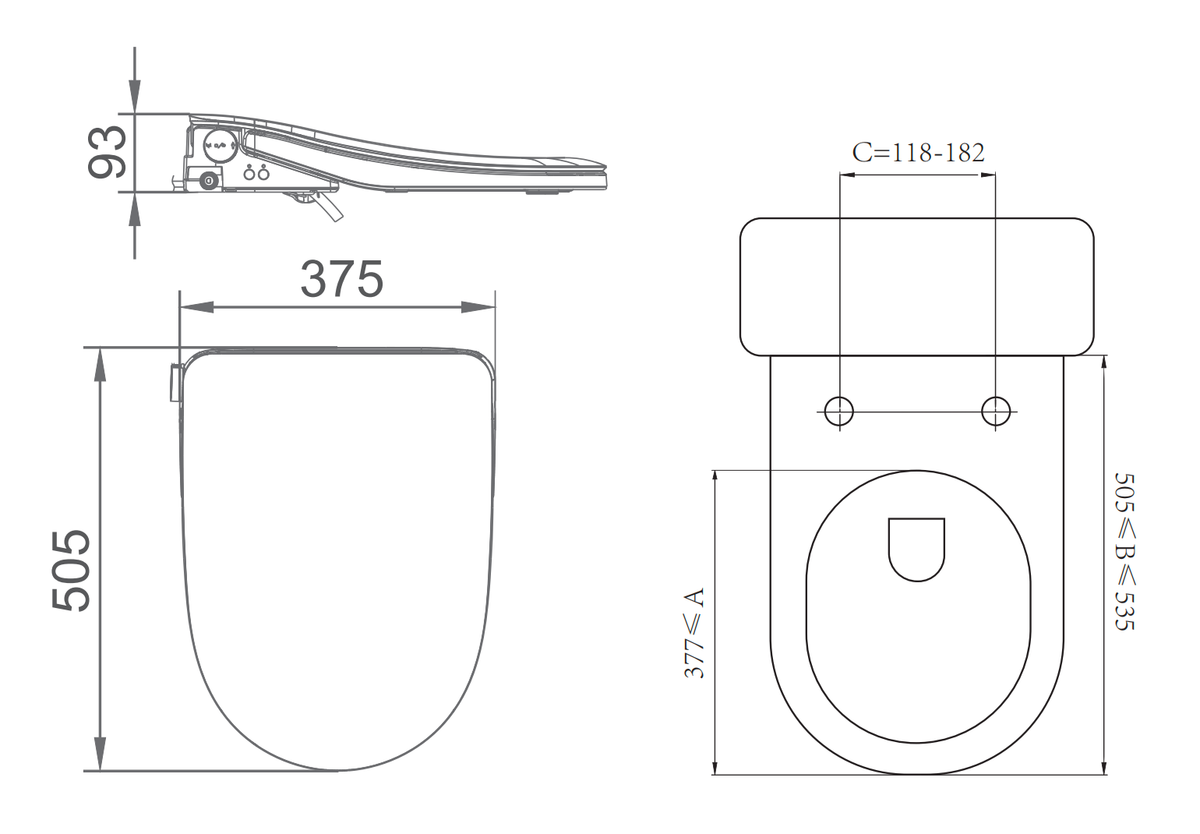 Lafeme Thea Standard bidet seat dimension drawing, 505 x 375 x 93 mm