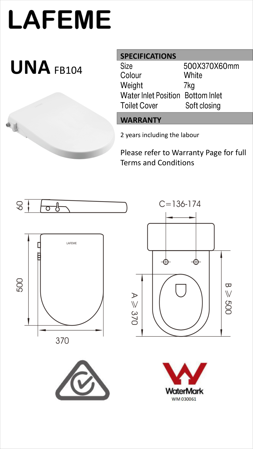 Lafeme Una Non Electric Bidet Seat specification sheet