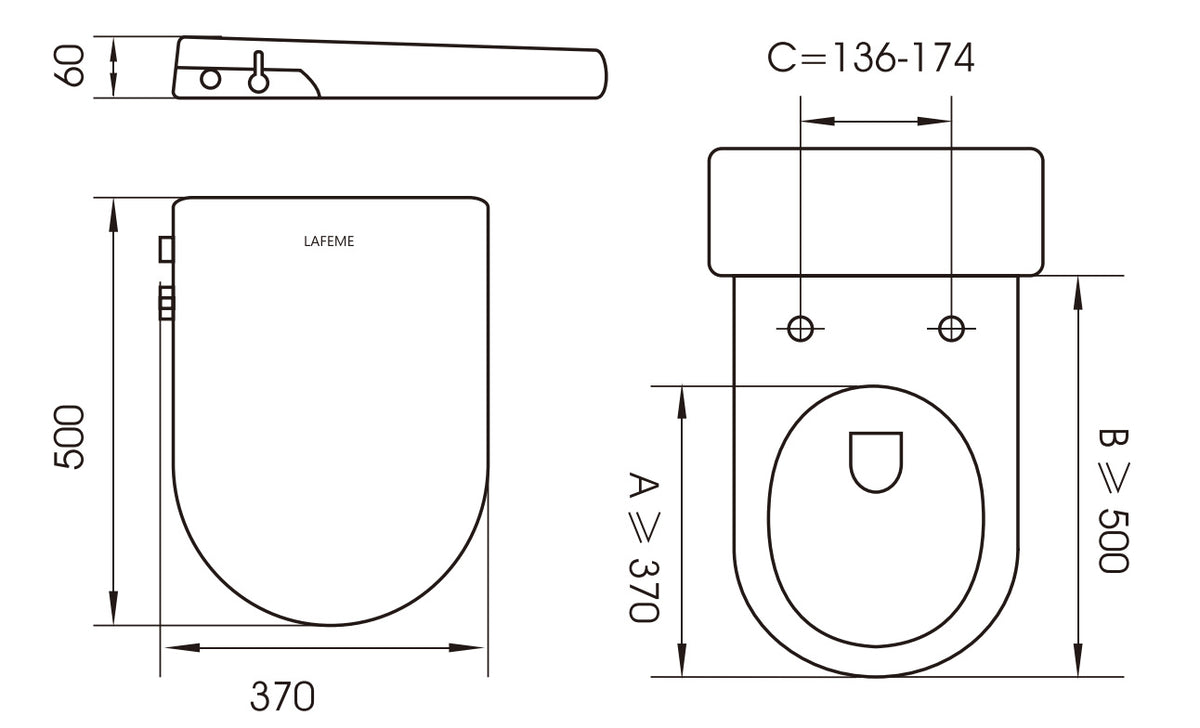 Lafeme Una bidet seat dimension drawing, 500 x 370 x 60 mm