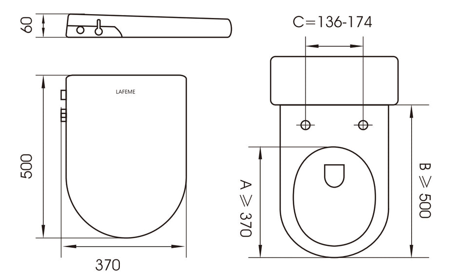 Lafeme Una bidet seat dimension drawing, 500 x 370 x 60 mm