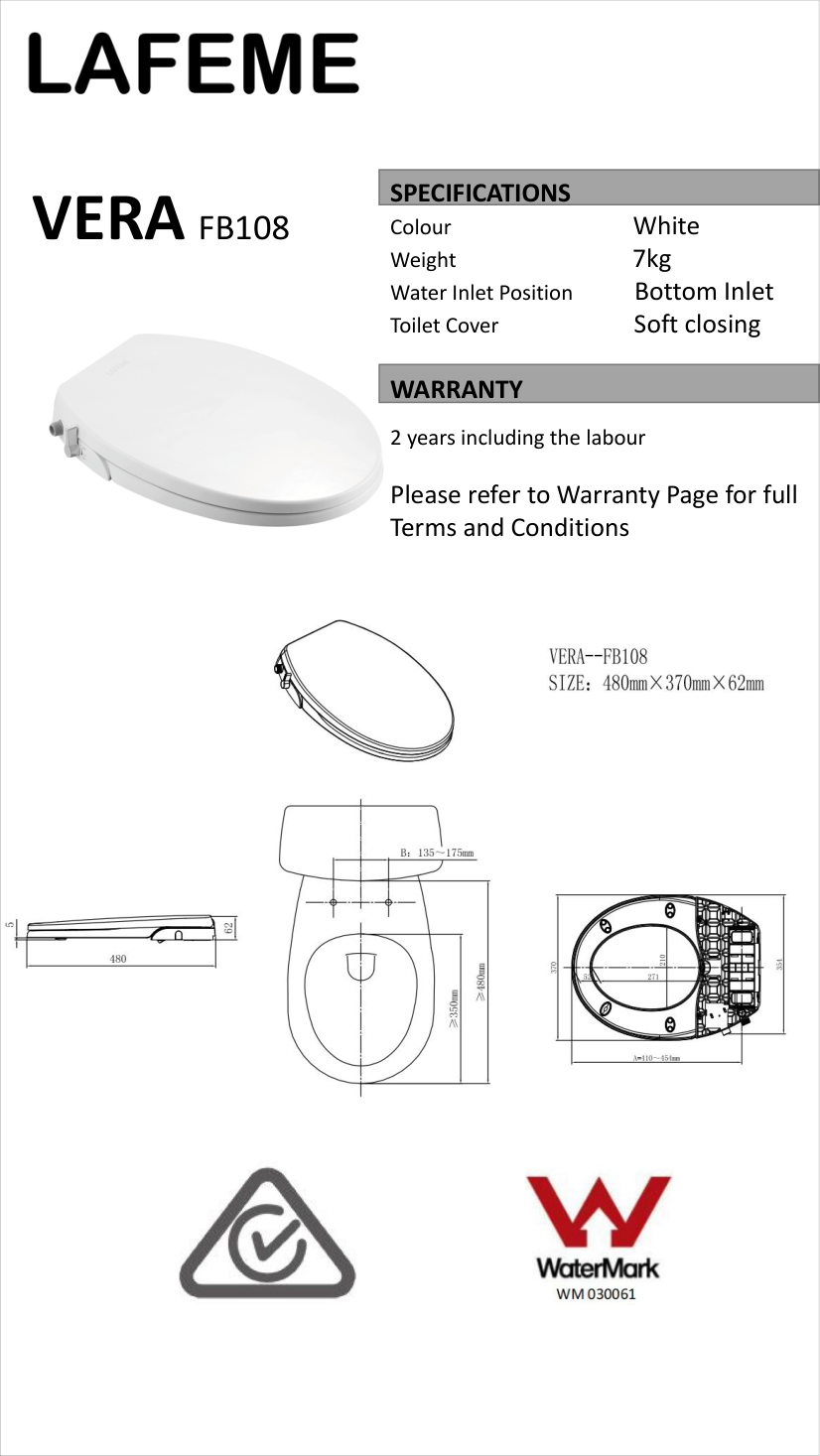 Lafeme Vera Non Electric Bidet Seat specification sheet