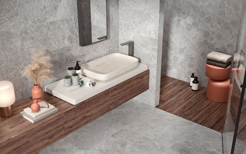 Liberty Grey Matt Stone Look Porcelain Tiles in a room setting