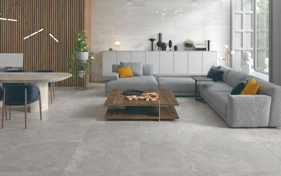 Liberty Grey Matt Stone Look Porcelain Tiles in a room setting