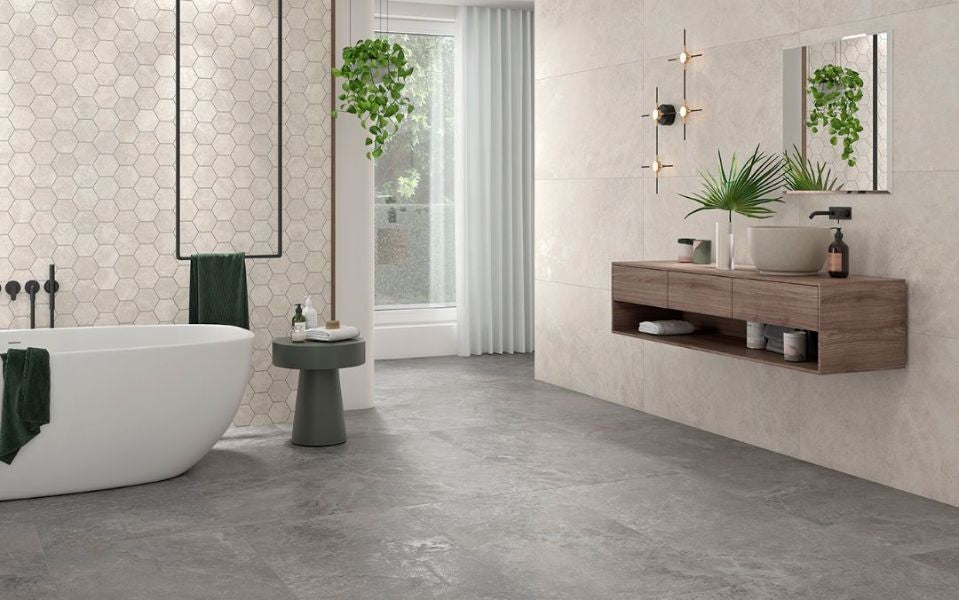 Liberty Grey Matt Stone Look Porcelain Tiles in a room setting