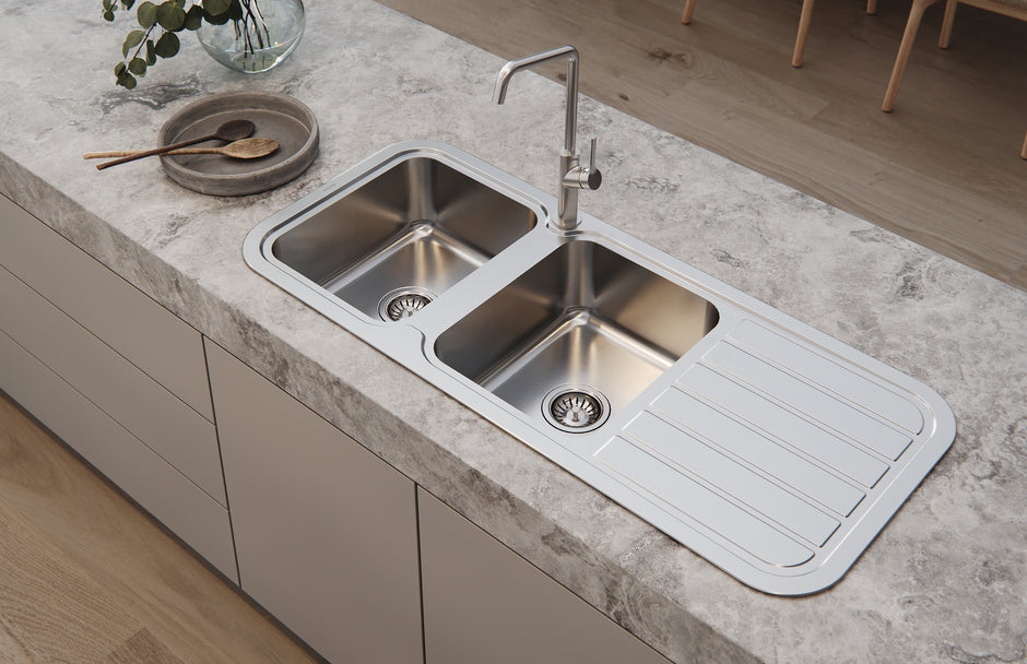 Phoenix 1000 Series Double Left Hand Bowl Sink with Drainer and Taphole, Stainless Steel