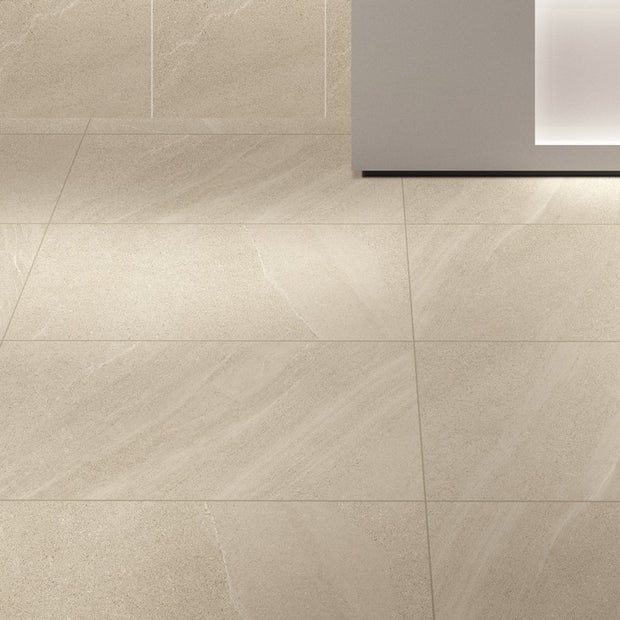 Limestone Beige External Limestone Look Porcelain Tiles in a room setting