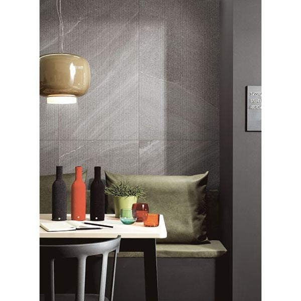 Limestone Dark Grey Matt Limestone Look Porcelain Tiles in a room setting