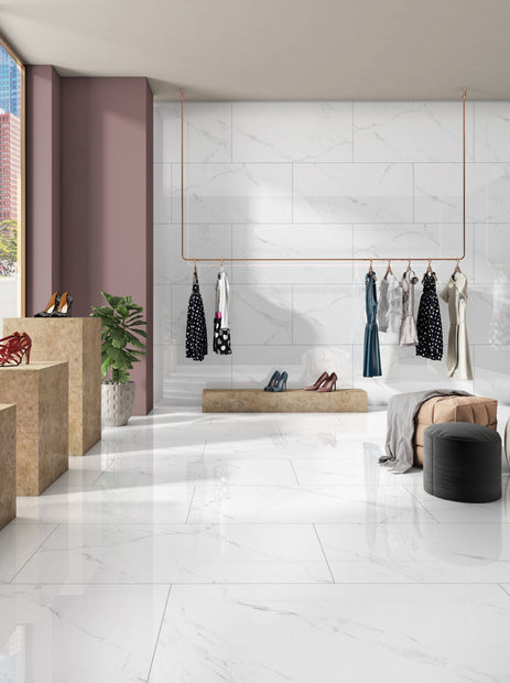 Luna Carrara Blanco Polished Marble Look Porcelain Tiles in a room setting
