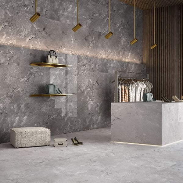 Luna Castano Polished Marble Look Porcelain Tiles 600x1200mm in a room setting