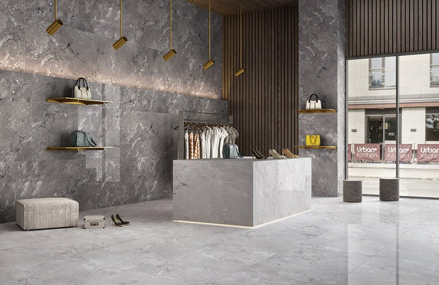 Luna Castano Polished Marble Look Porcelain Tiles 600x600mm in a room setting