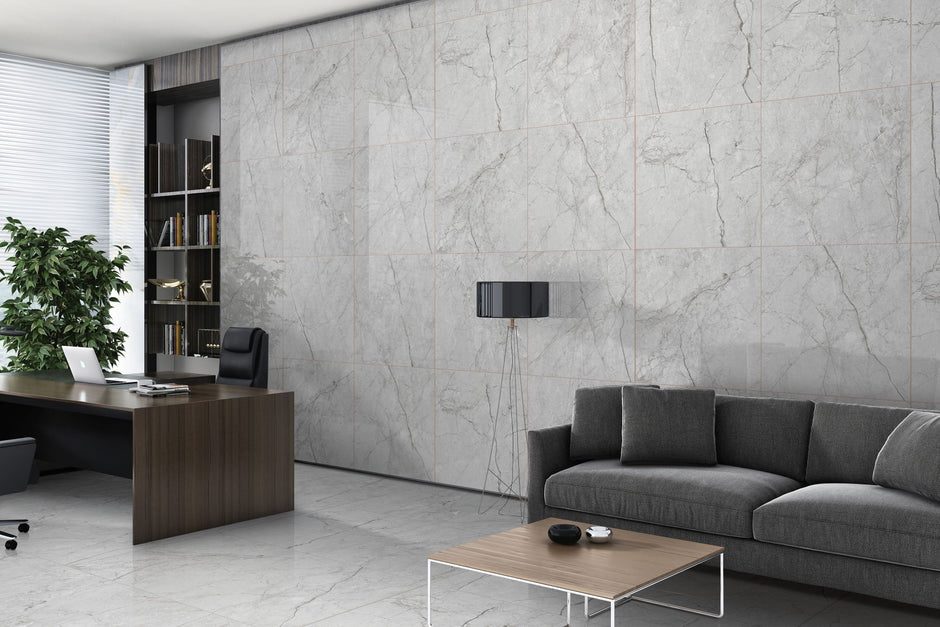 Luna Feliz Smoke Carving Matt Marble Look Porcelain Tiles in a room setting