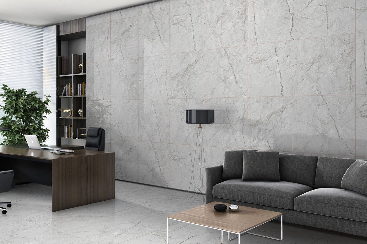 Luna Feliz Smoke Polished Marble Look Porcelain Tiles in a room setting
