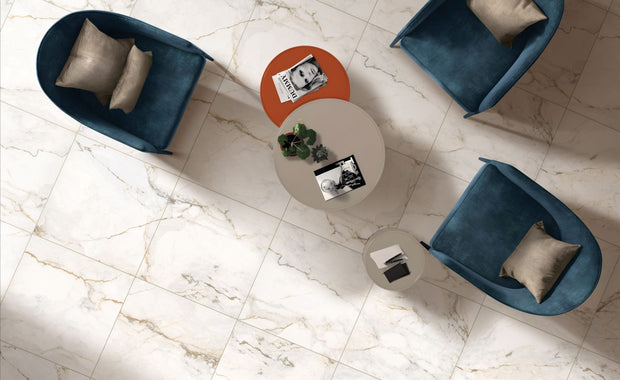 Luna Gold Matt Marble Look Porcelain Tiles in a room setting