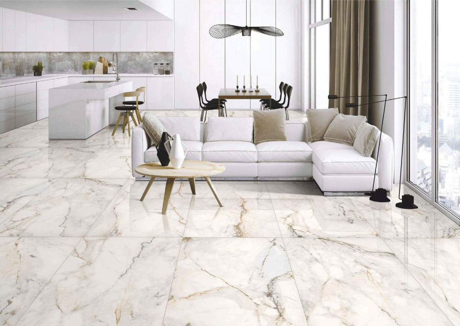 Luna Gold Polished Marble Look Porcelain Tiles 600x1200mm in a room setting