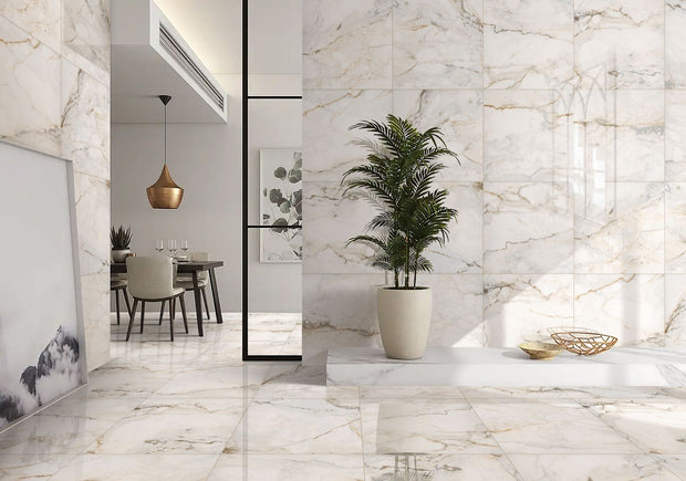 Luna Gold Polished Marble Look Porcelain Tiles 600x600mm in a room setting