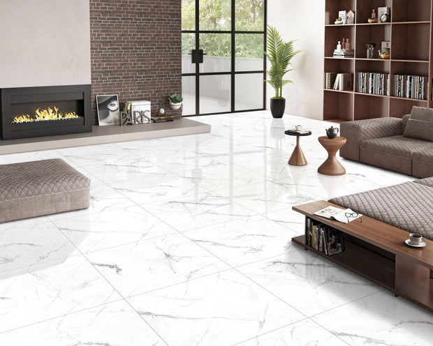 Luna Lux Alpino Bianco Polished Marble Look Porcelain Tiles in a room setting