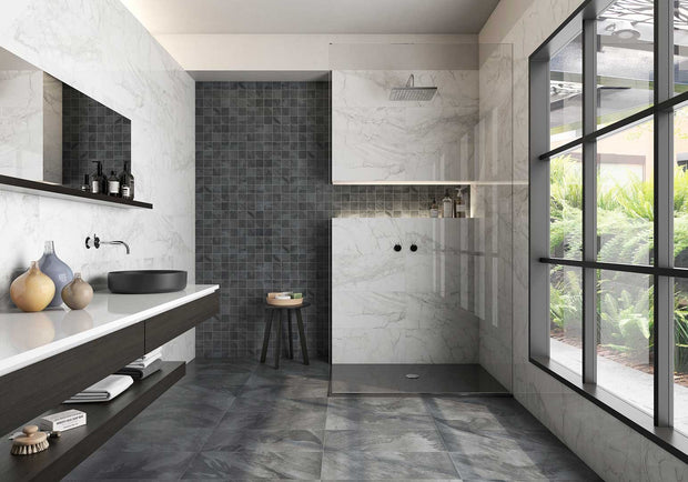 Luni Blanco Satin Marble Look Porcelain Tiles 300x600mm in a room setting