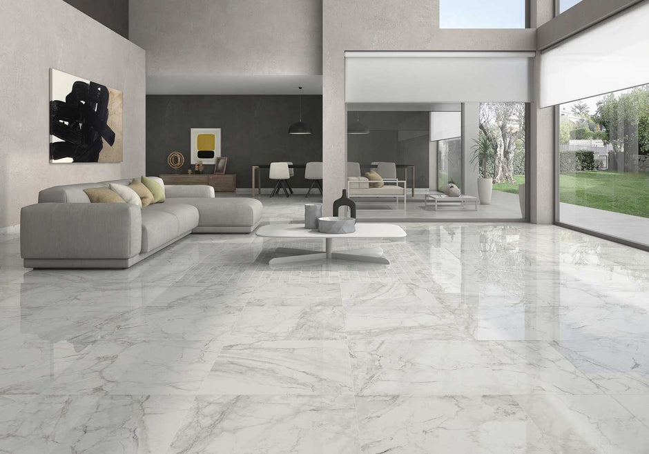 Luni Blanco Satin Marble Look Porcelain Tiles 600x600mm in a room setting
