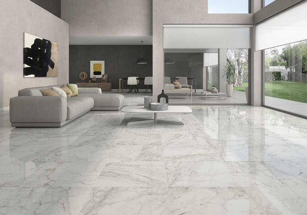 Luni Blanco Satin Marble Look Porcelain Tiles 600x600mm in a room setting
