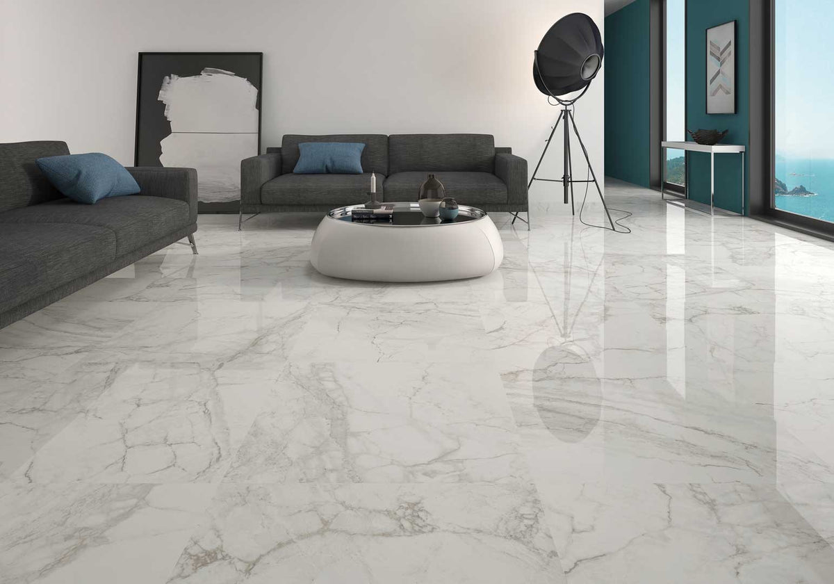 Luni Blanco Satin Marble Look Porcelain Tiles 600x600mm in a room setting