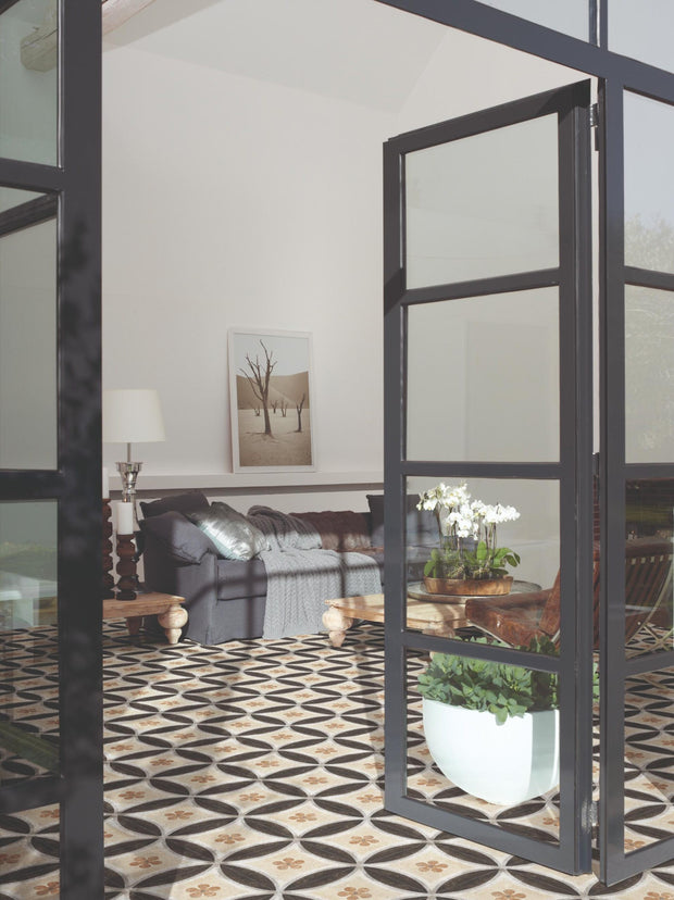 Maioliche Cementine 2 Beige Patterned Matt Porcelain Tiles 200x200mm in a room setting