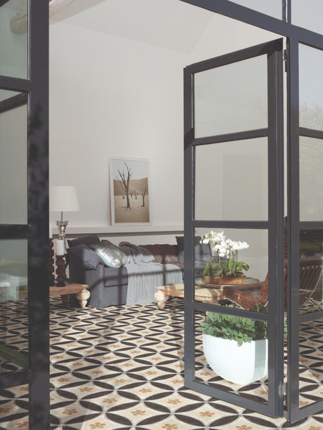Maioliche Cementine 2 Beige Patterned Matt Porcelain Tiles 200x200mm in a room setting