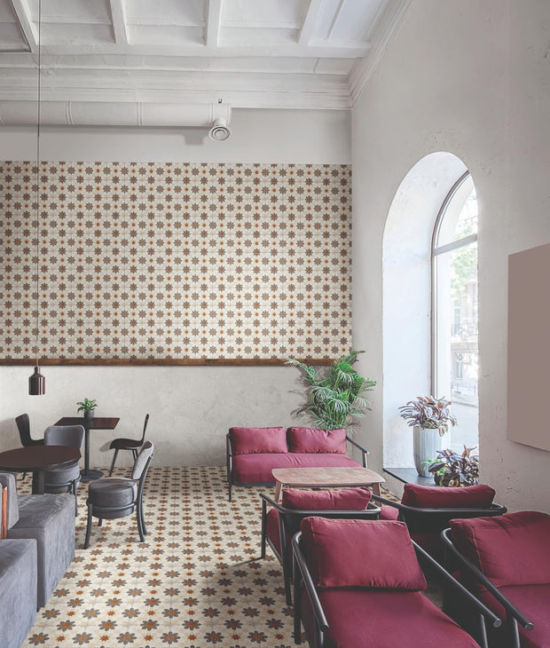 Maioliche Cementine 4 Beige Patterned Matt Porcelain Tiles 200x200mm in a room setting