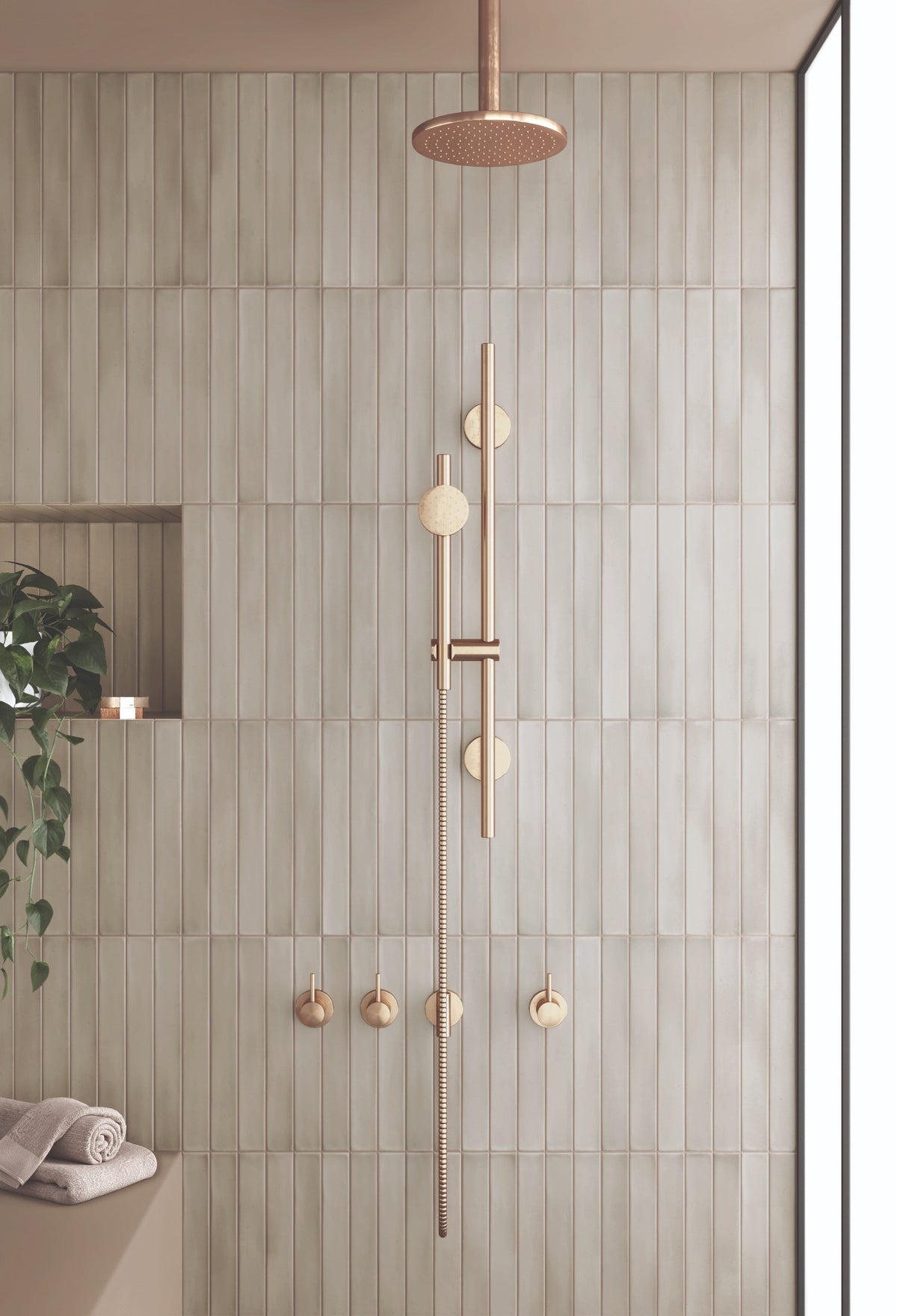 Massimo Siena Earth Satin Ceramic Subway Tiles in a room setting